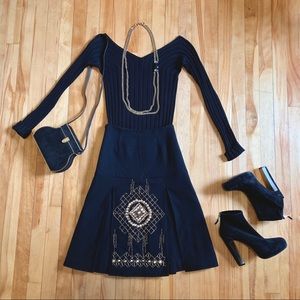 Black Tracy Reese midi skirt w/gold embellishments